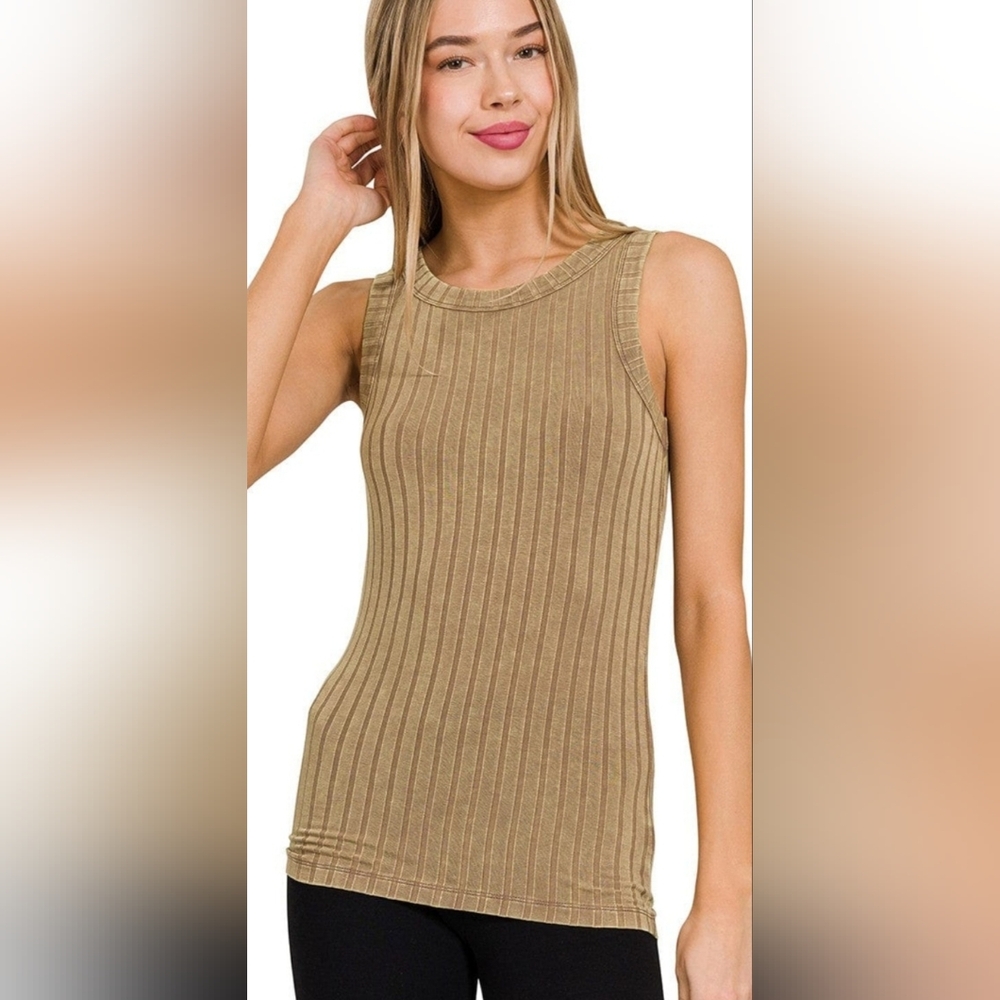 Zenana ribbed sleeveless super soft mineral washed tank butter mustard NWOT Med